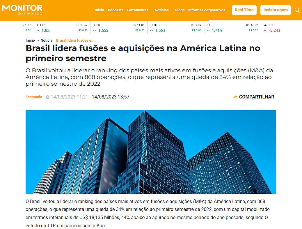 Brasil lidera fuses e aquisies na Amrica Latina no primeiro semestre